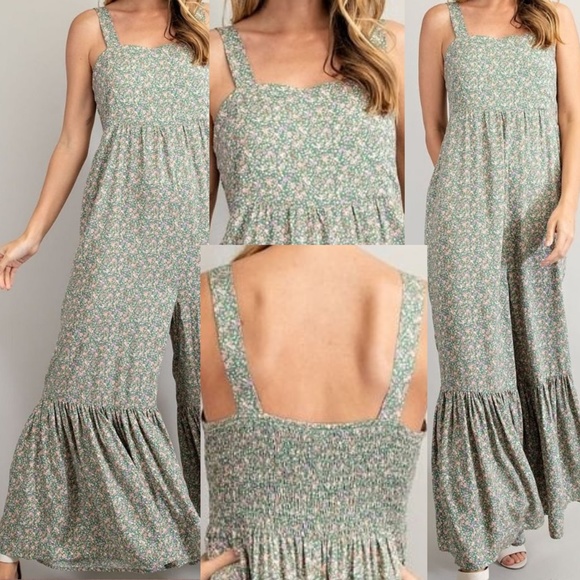 EASEL Smocked Sleeveless Lightweight Ultra Wide Leg Ruffled Hem Jumpsuit Romper - Picture 12 of 14